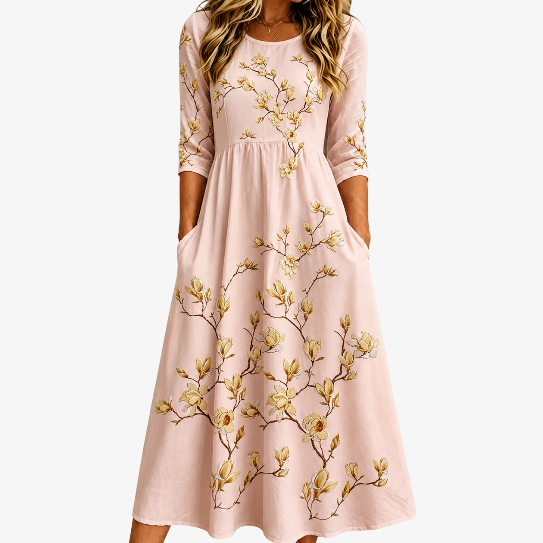 Golden Magnolia Bloom | Robe Midi Fleurie à Poches