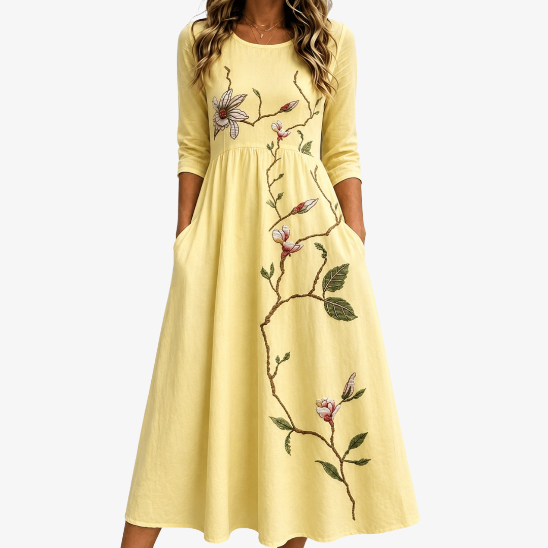 Golden Blossom | Robe Midi Fleurie à Poches