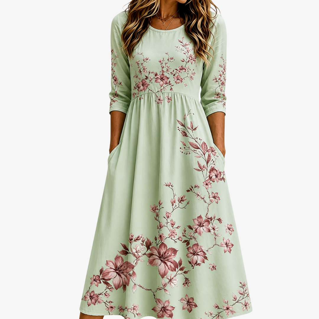Sage Blossom Grace | Robe Midi Fleurie à Poches