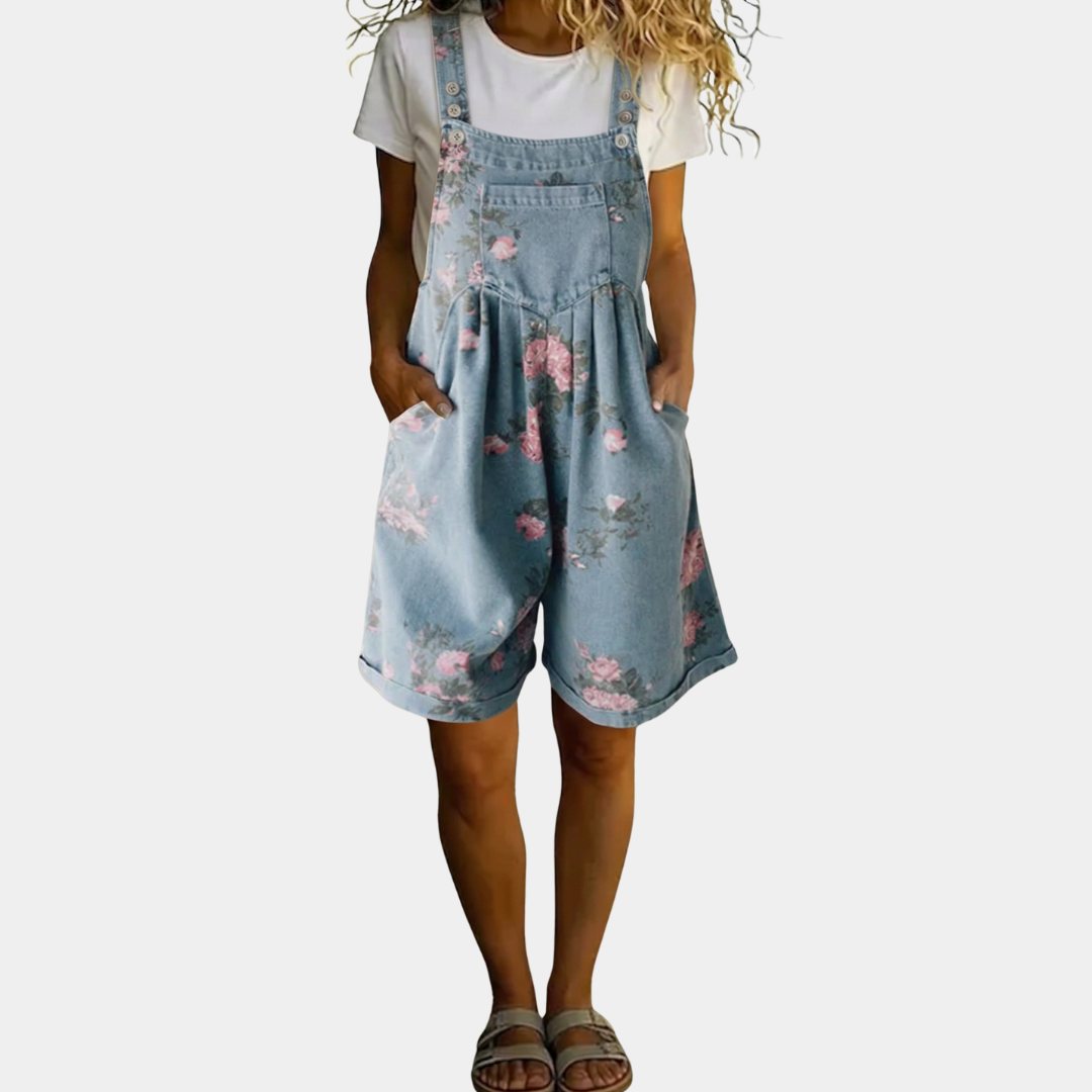 Judy | Salopette florale en denim délavé effet vintage en coton doux