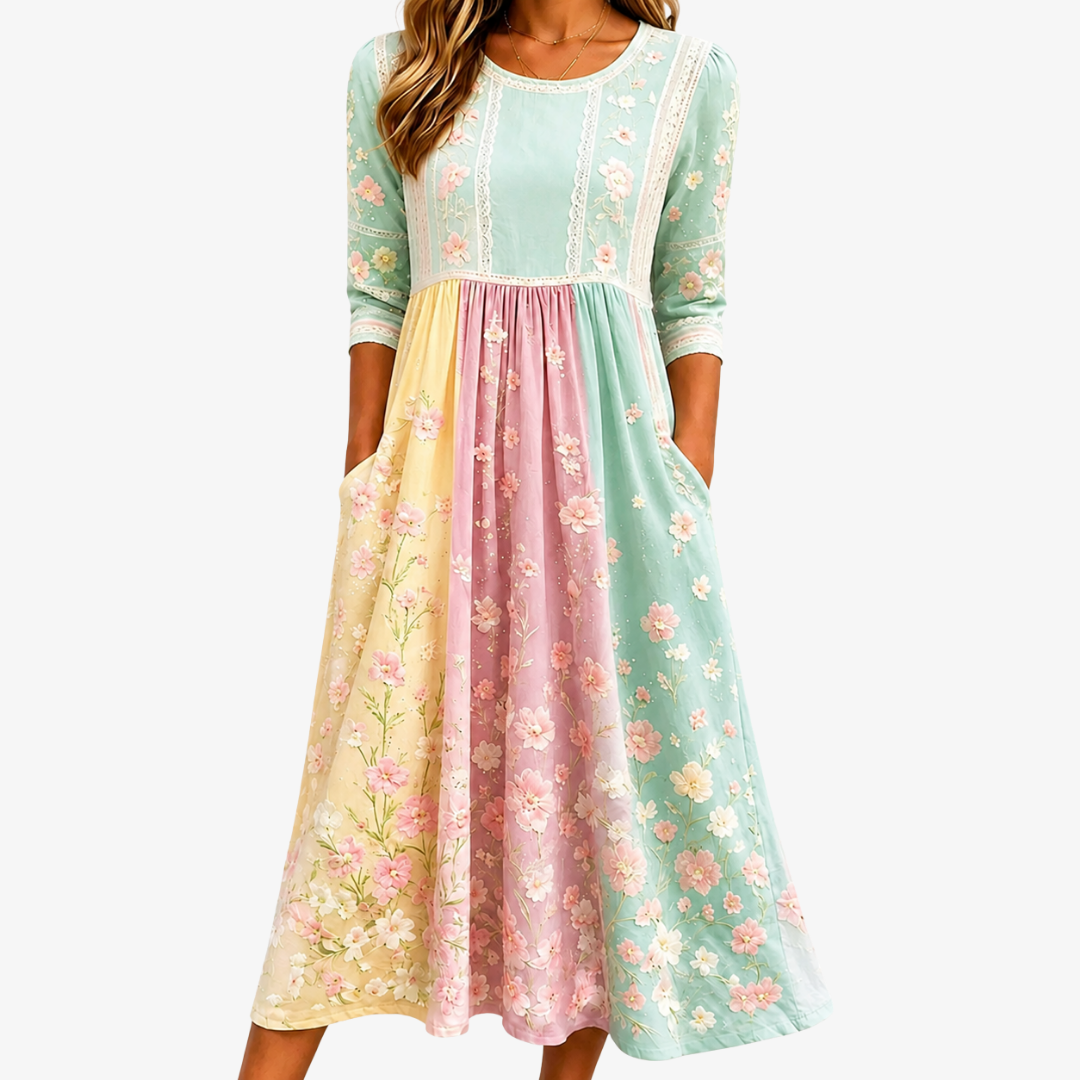 Spring Blossom Patchwork | Robe Midi Patchwork Fleurie à Poches
