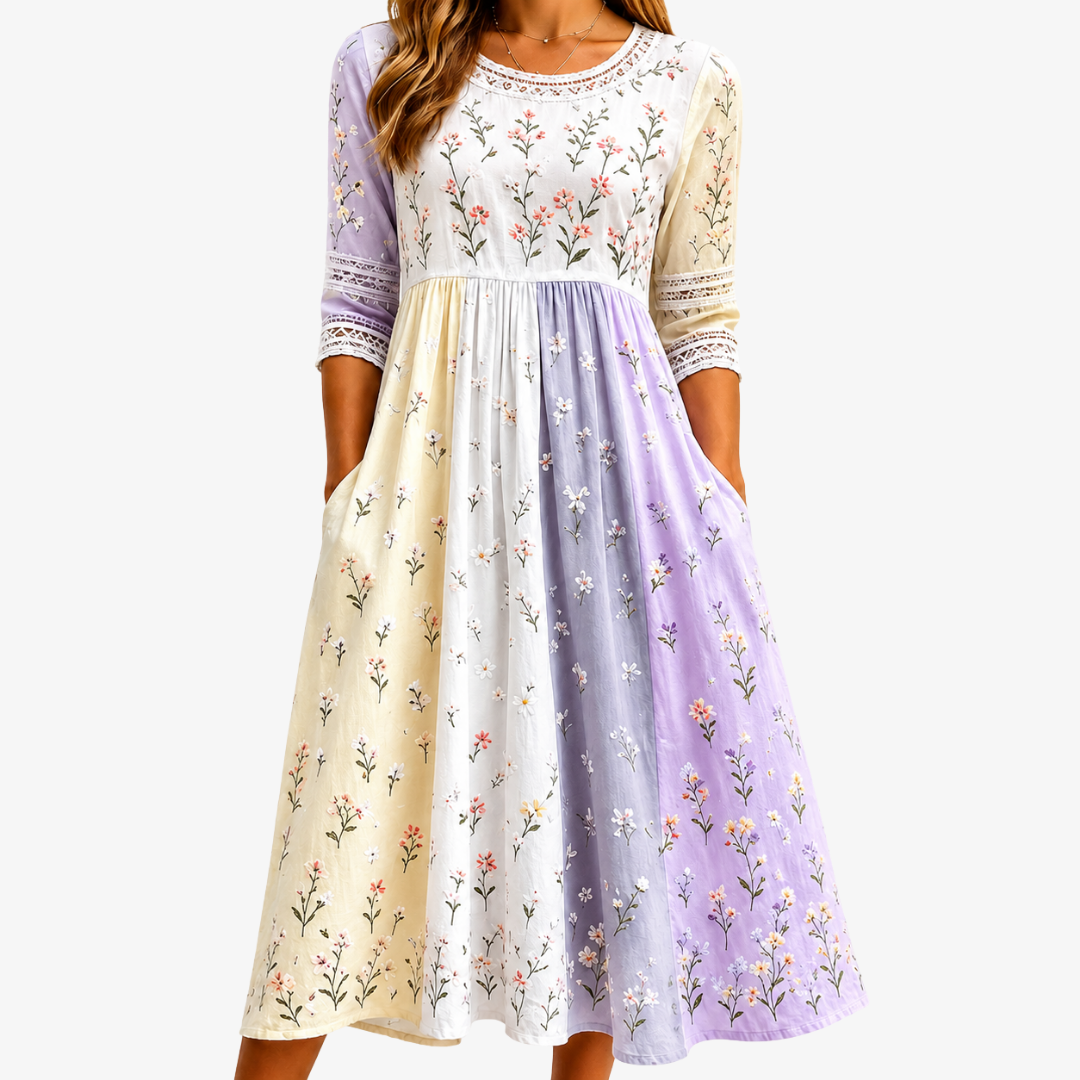 Lavender Meadow Patchwork | Robe Midi Patchwork Fleurie