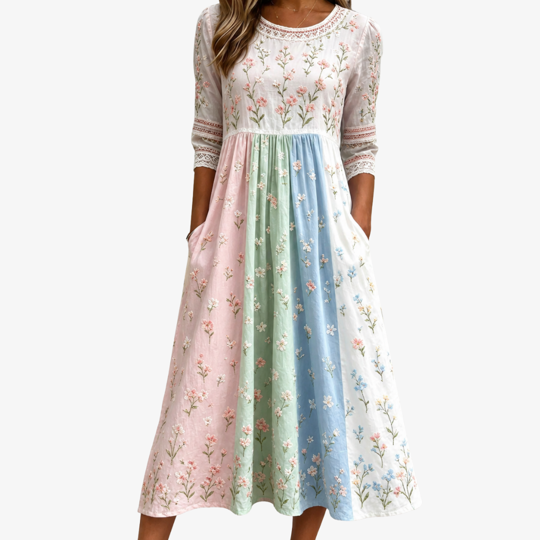 Pastel Meadow | Robe Midi Fleurie à Poches
