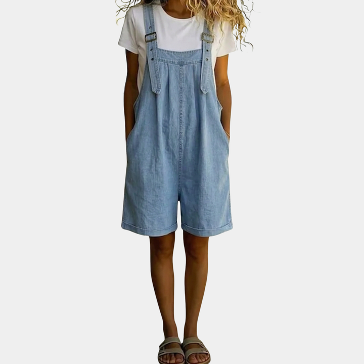 Clara | Salopette en denim de coton doux effet vintage délavé bleu clair