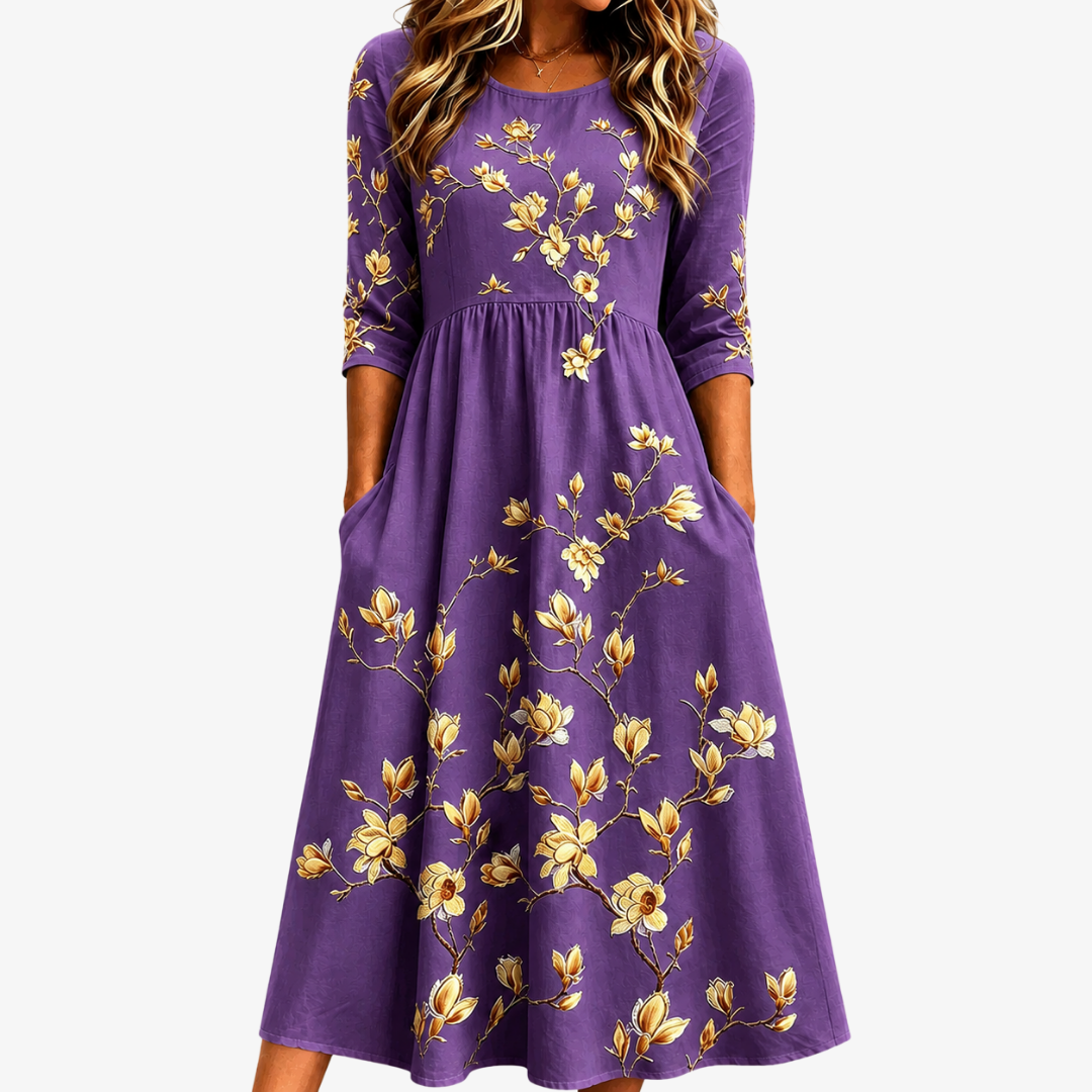 Golden Magnolia Charm | Robe Midi Fleurie à Poches