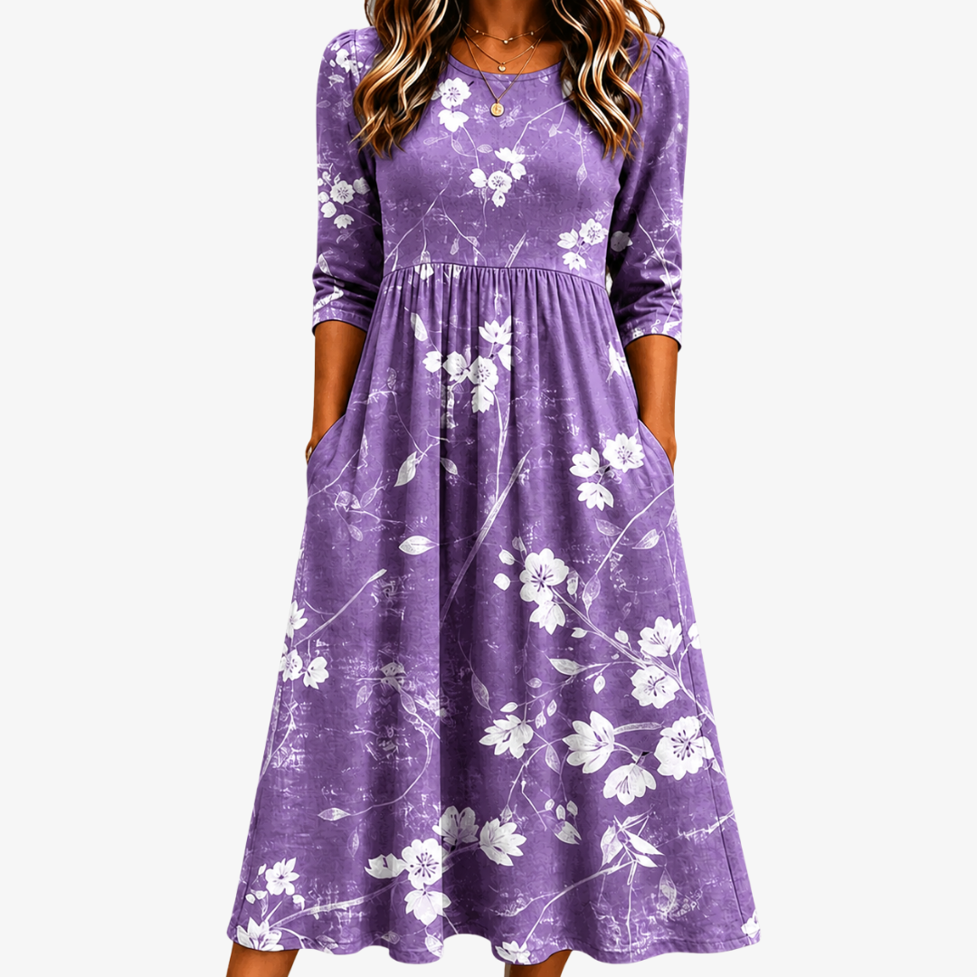 Lavender Bloom | Robe Midi Fleurie à Poches