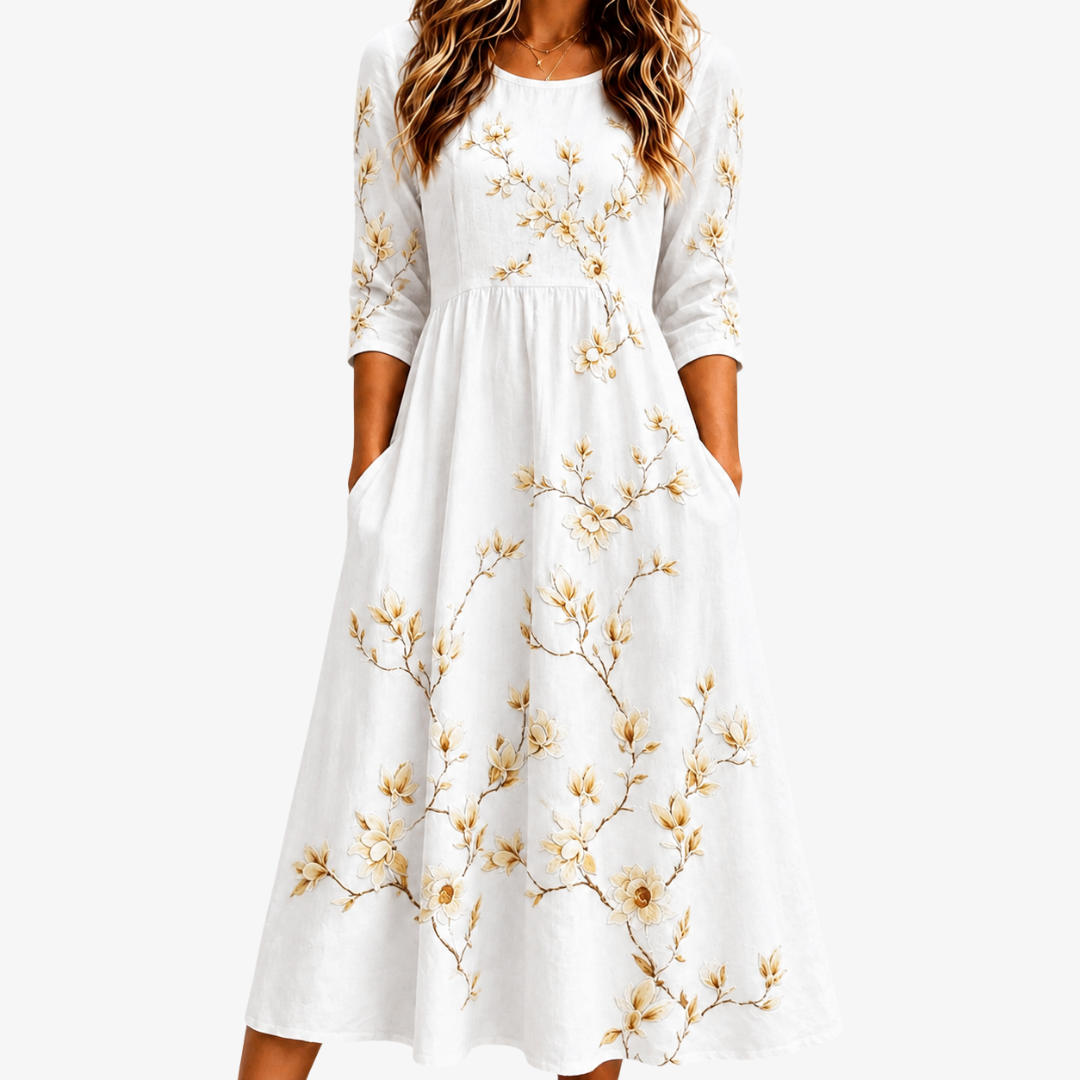 Ivory Blossom Grace | Robe Midi Fleurie à Poches