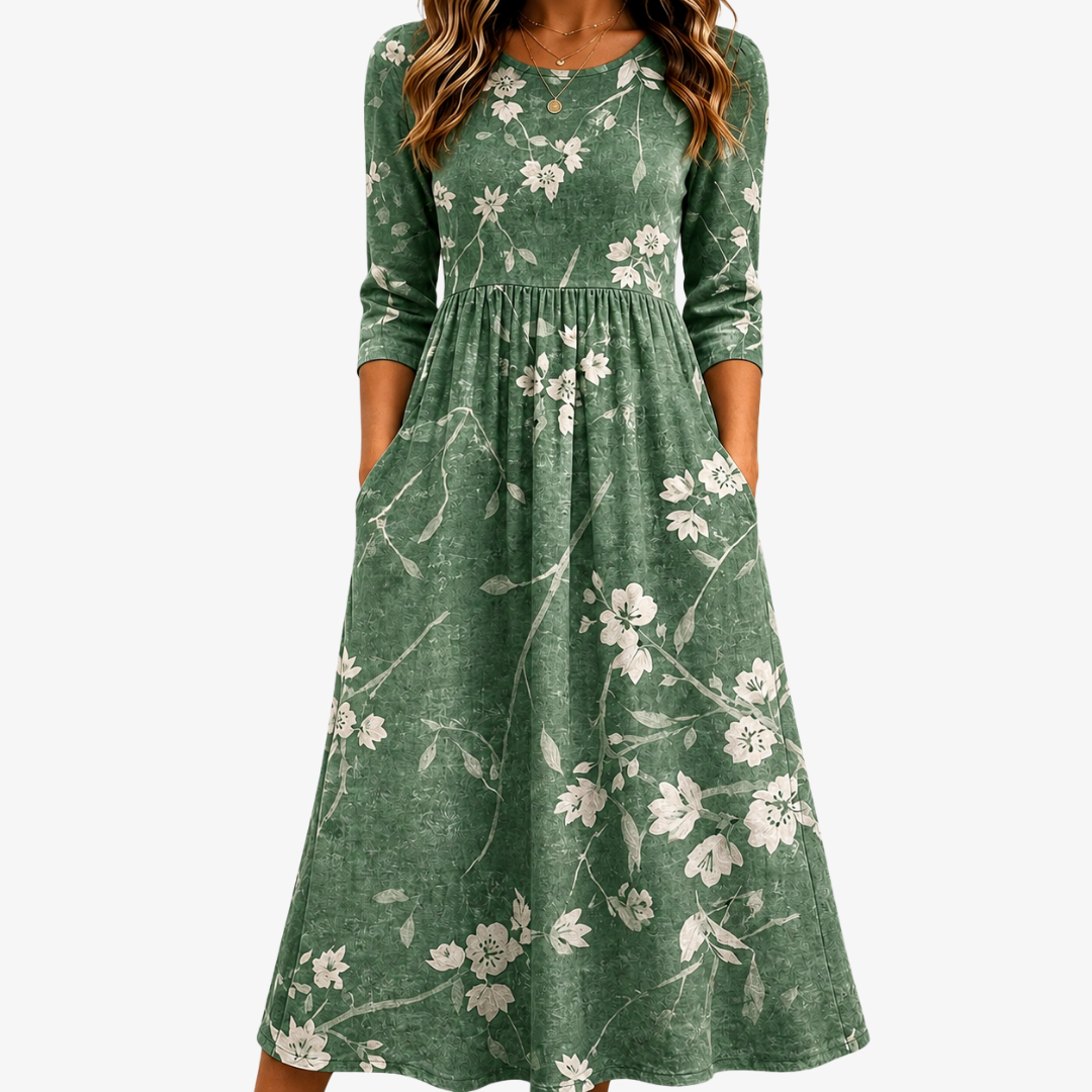 Evergreen Bloom Relaxed | Robe Midi Fleurie à Poches