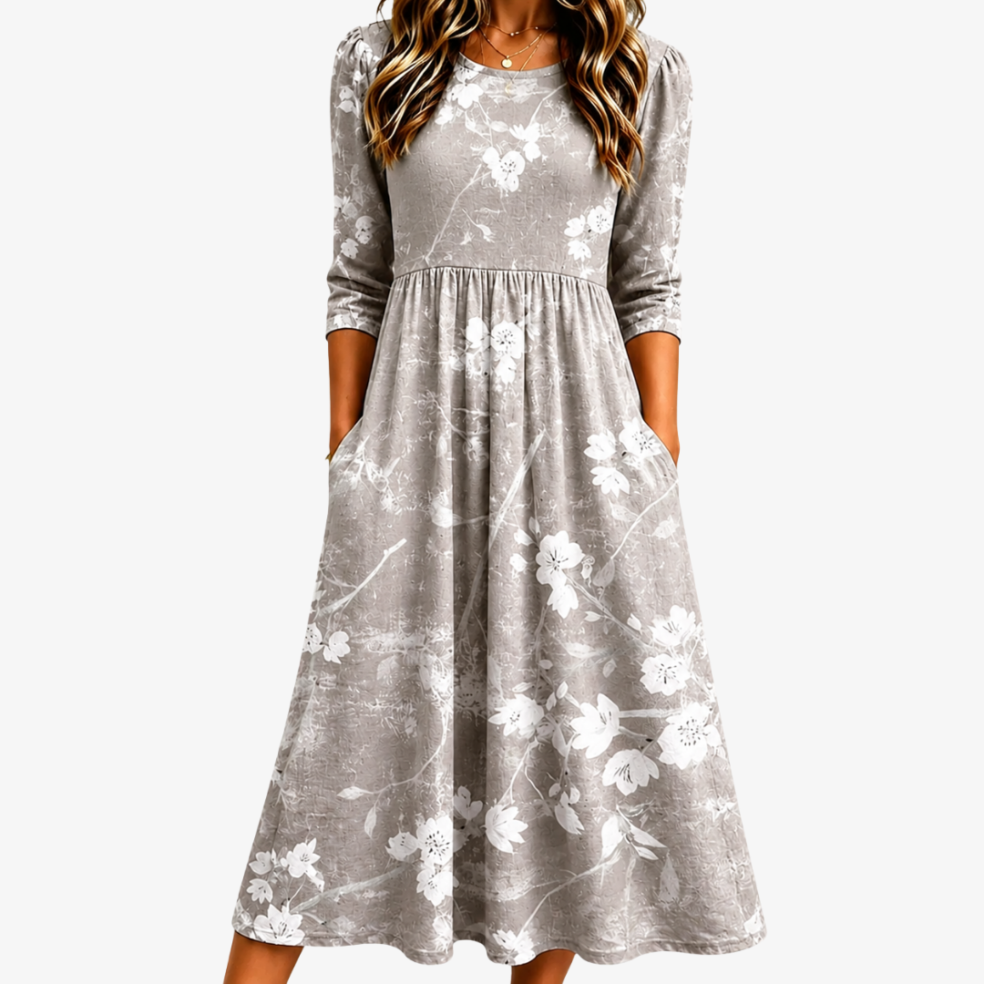 Silver Blossom Grace | Robe Midi Fleurie à Poches
