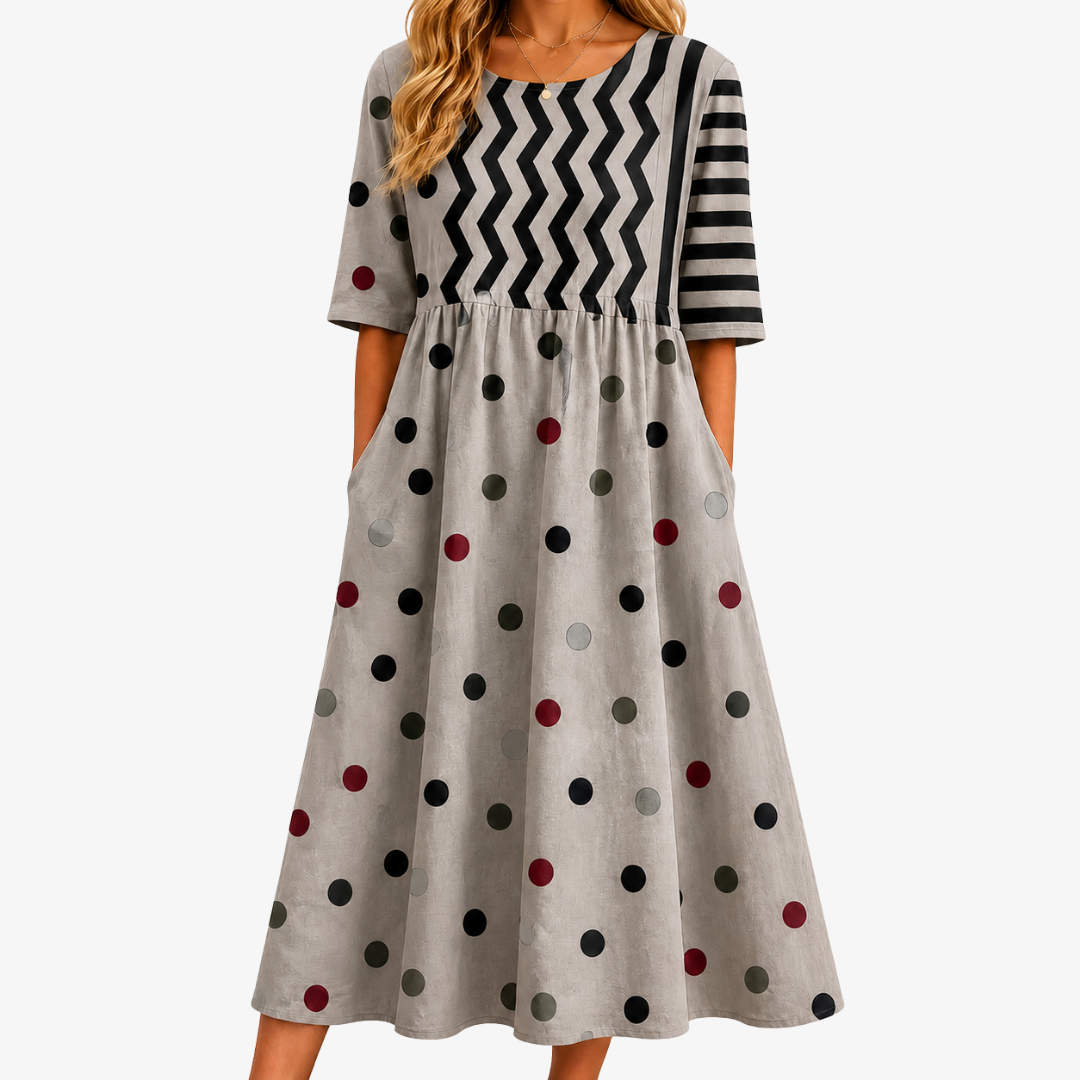 Modern Charm Mixed Print | Robe Midi à Imprimé Patchwork avec Poches