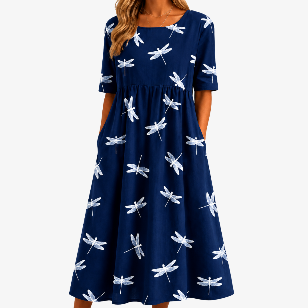 Dragonfly Breeze | Robe Midi à Libellules avec Poches
