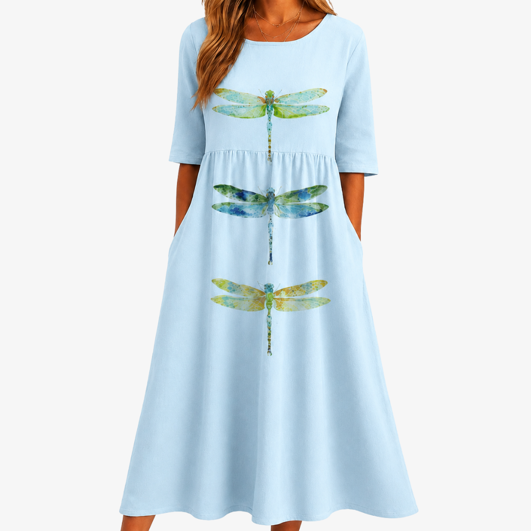 Sky Meadow Dragonfly | Robe Midi à Libellules avec Poches