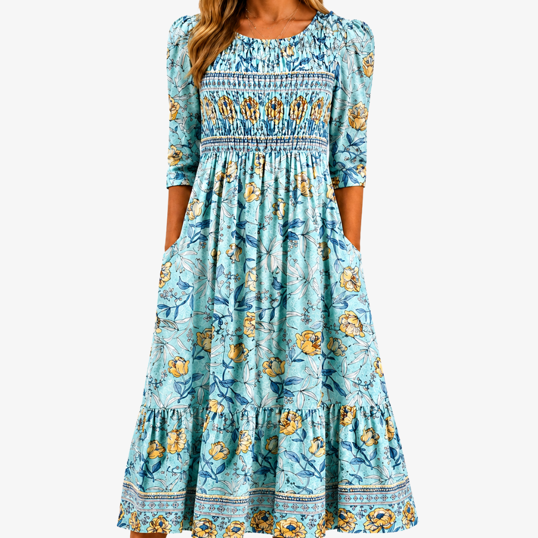 Golden Bloom Smocked Garden | Robe Midi Fleurie à Taille Smockée