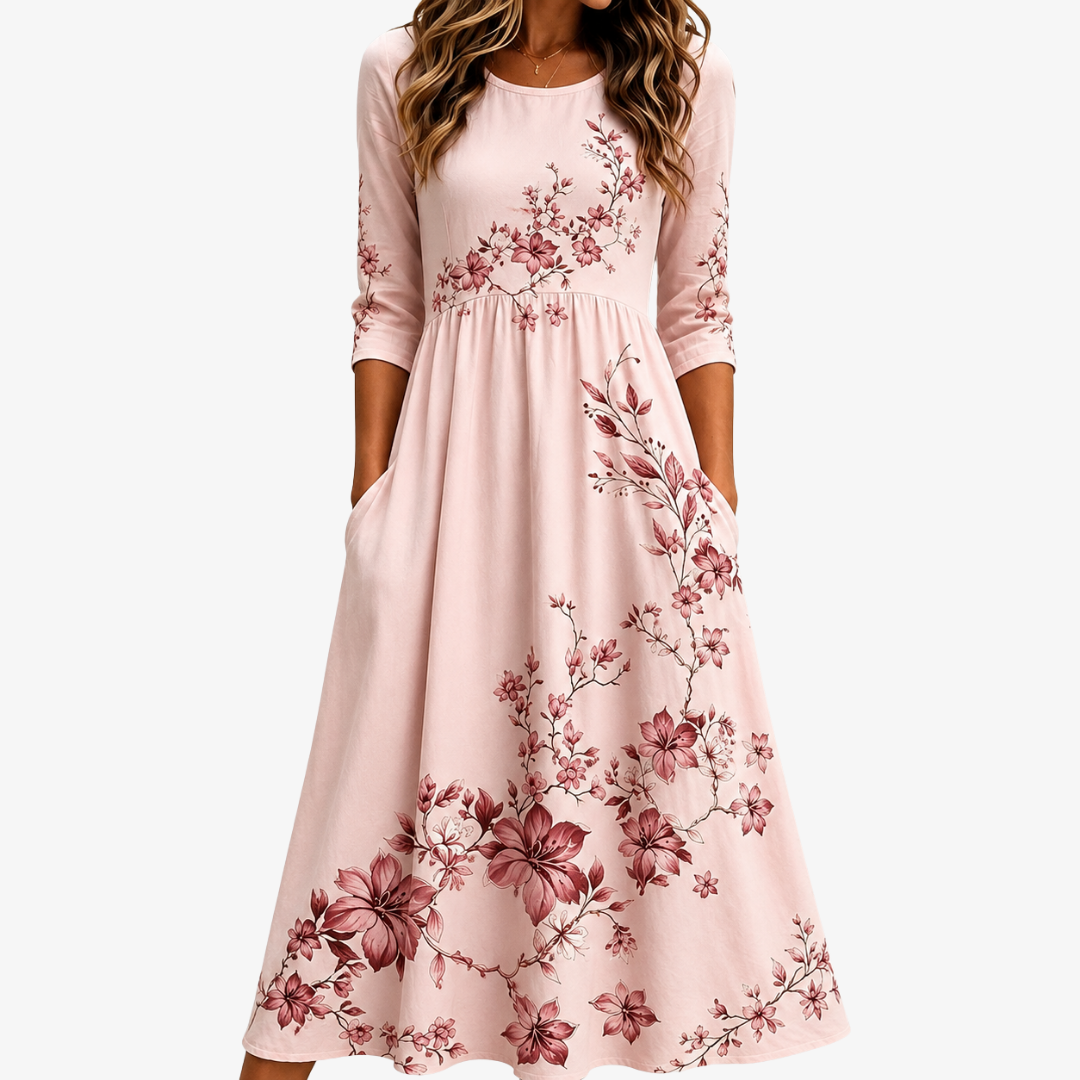Rose Garden Charm | Robe Midi Fleurie à Poches