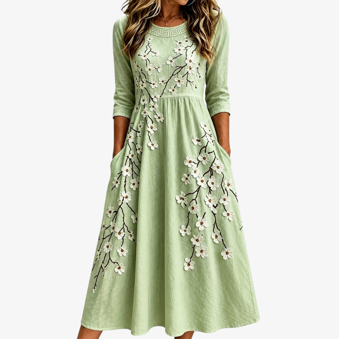 Sage Blossom Garden | Robe Midi Fleurie à Poches