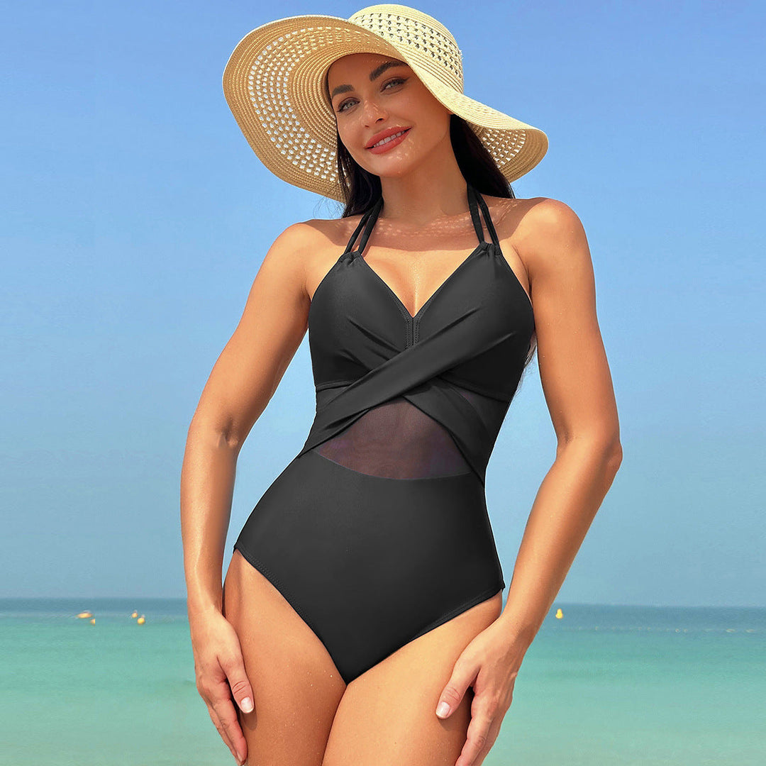 Maillot de Bain Une Pièce Sculptant avec Croisement et Tulle