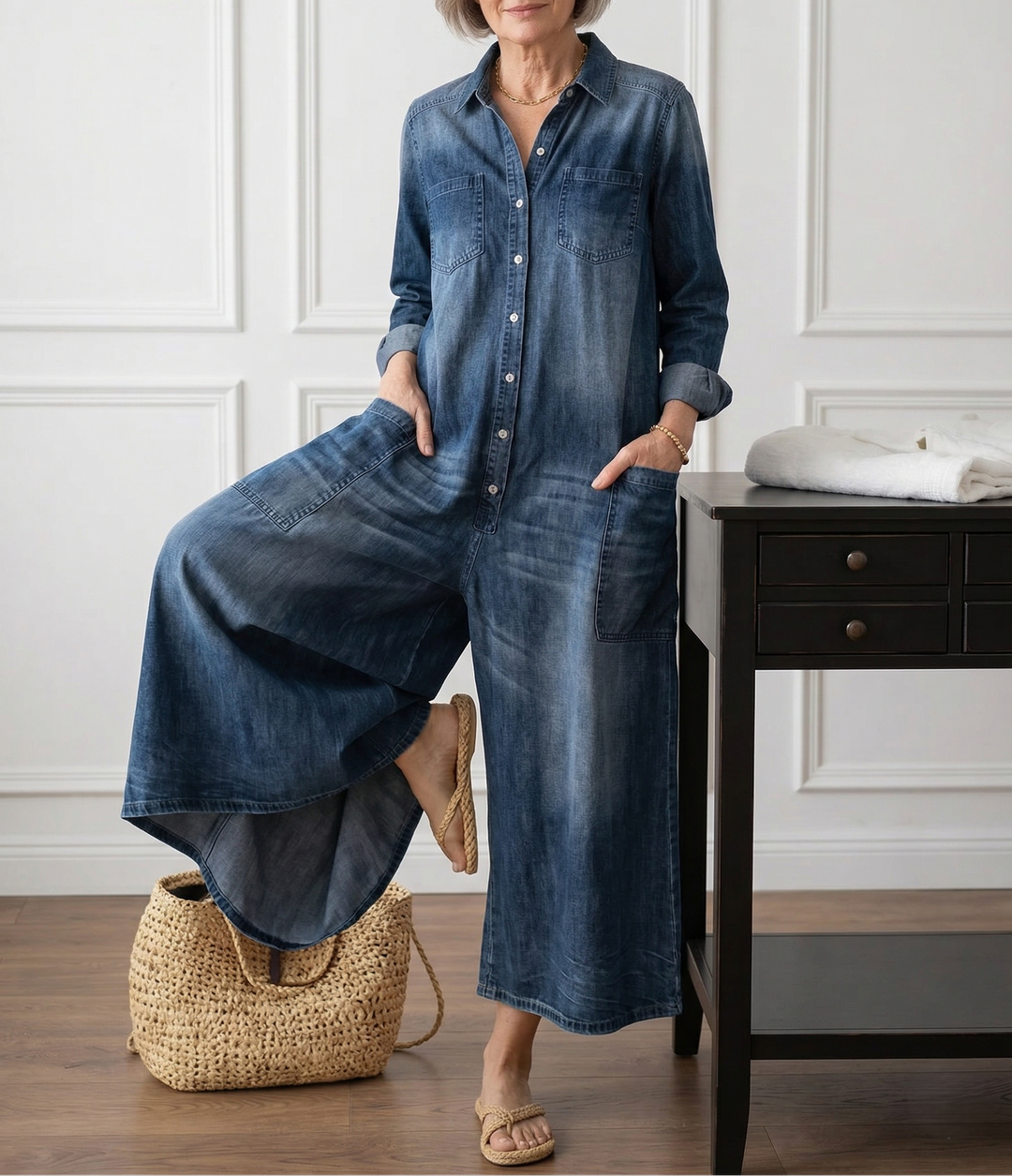 Diana | Combinaison boutonnée en denim délavé effet vintage en coton doux
