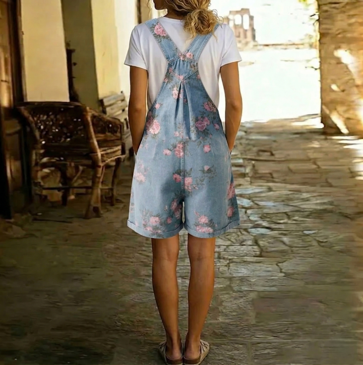 Judy | Salopette florale en denim délavé effet vintage en coton doux