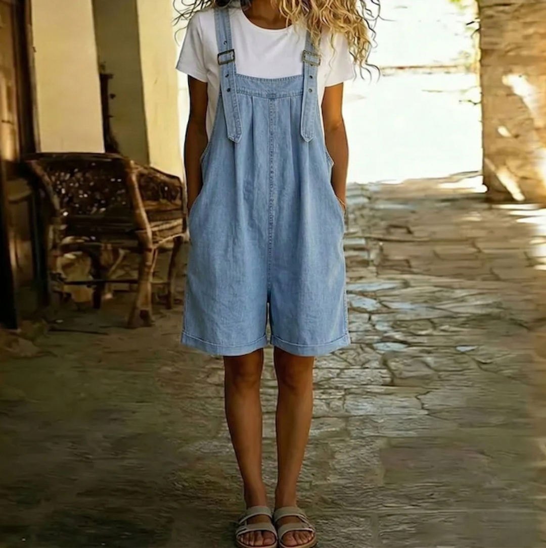 Clara | Salopette en denim de coton doux effet vintage délavé bleu clair
