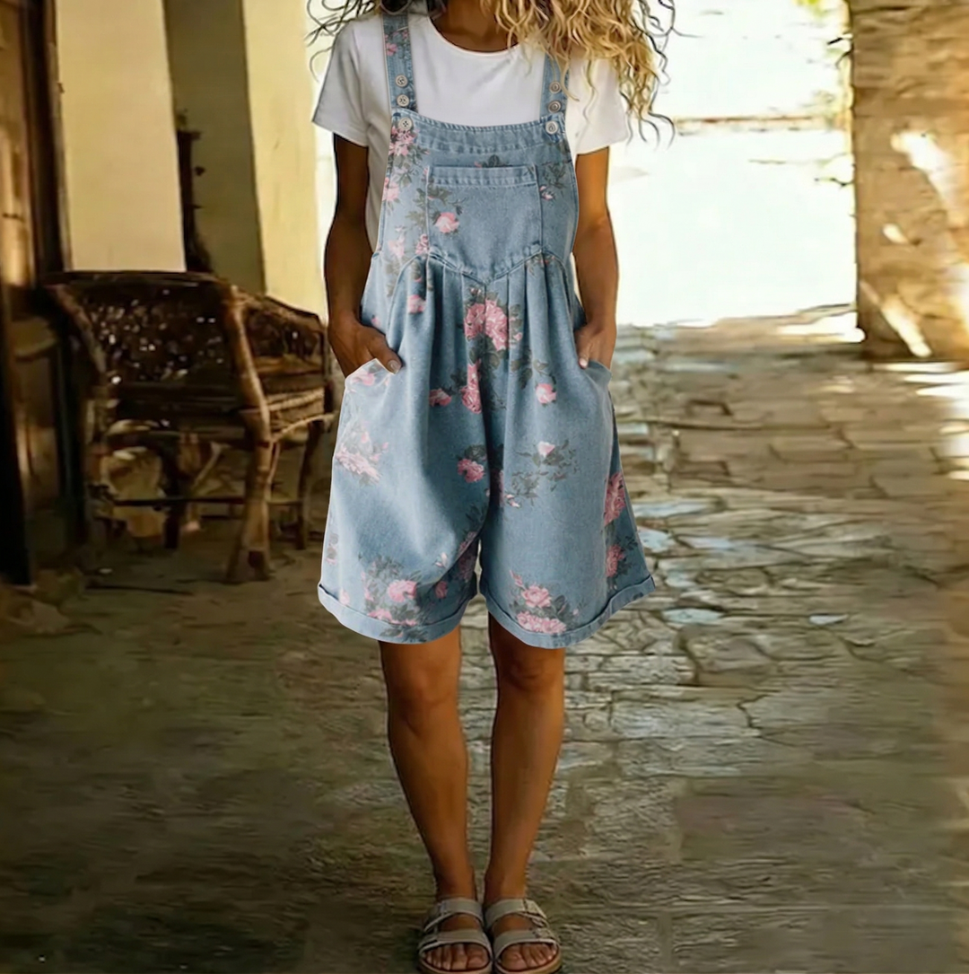 Judy | Salopette florale en denim délavé effet vintage en coton doux