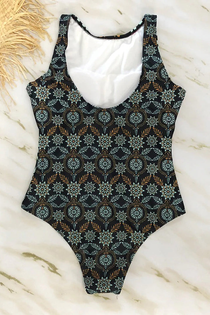 Maillot de Bain Entier avec Imprimé Boho et Col Haut