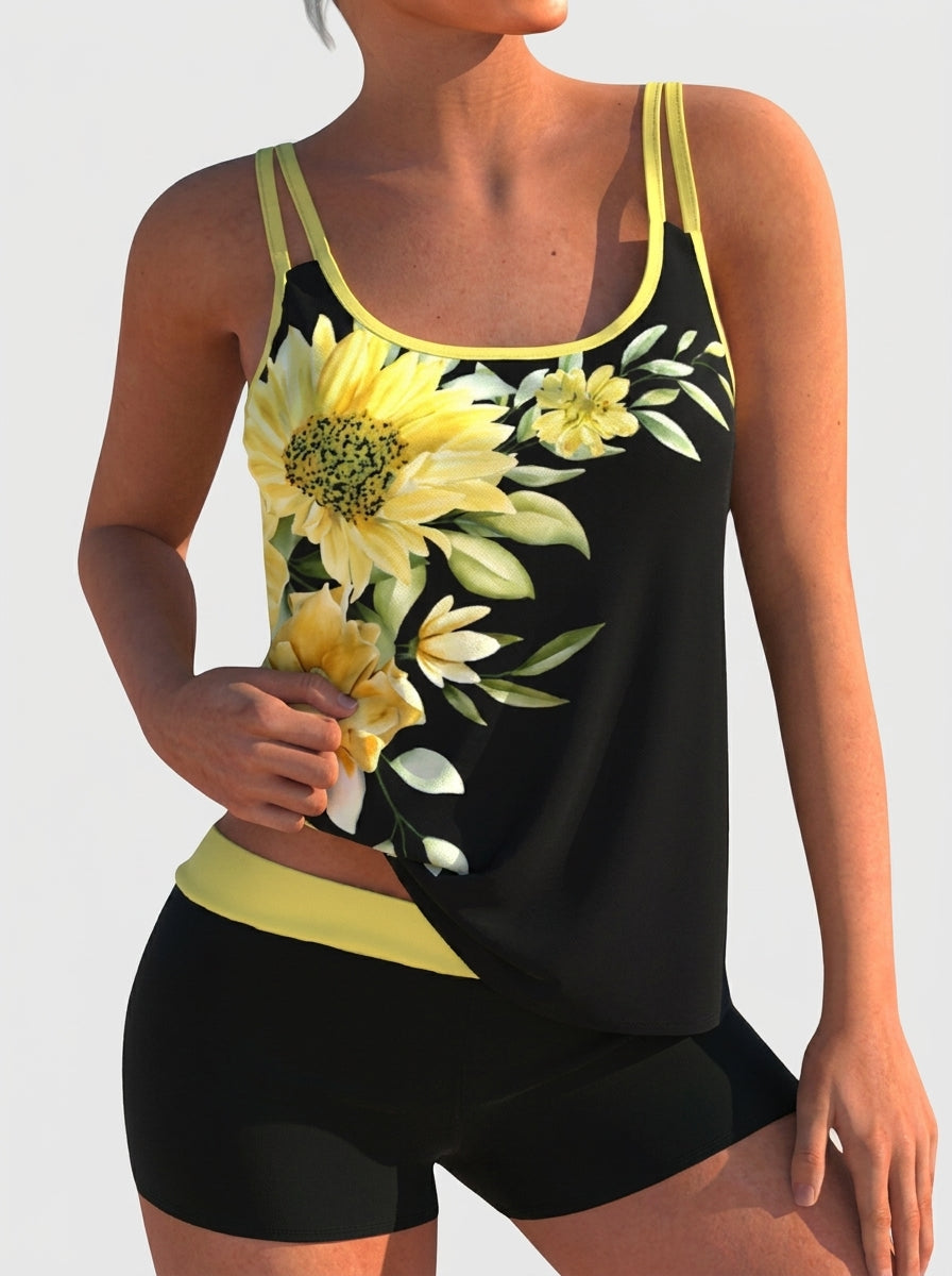 Flor - Maillot de Bain Fleuri avec Shorty, Effet Ventre Plat