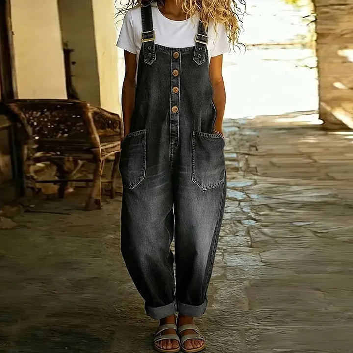 Mae | Salopette en denim de coton effet vintage à bretelles réglables