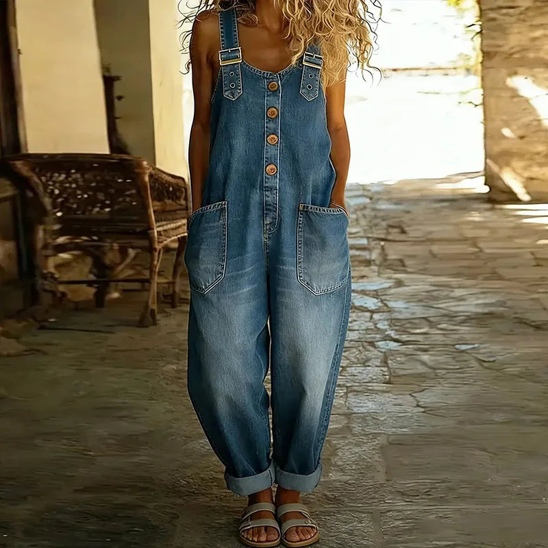 Mae | Salopette en denim de coton effet vintage à bretelles réglables
