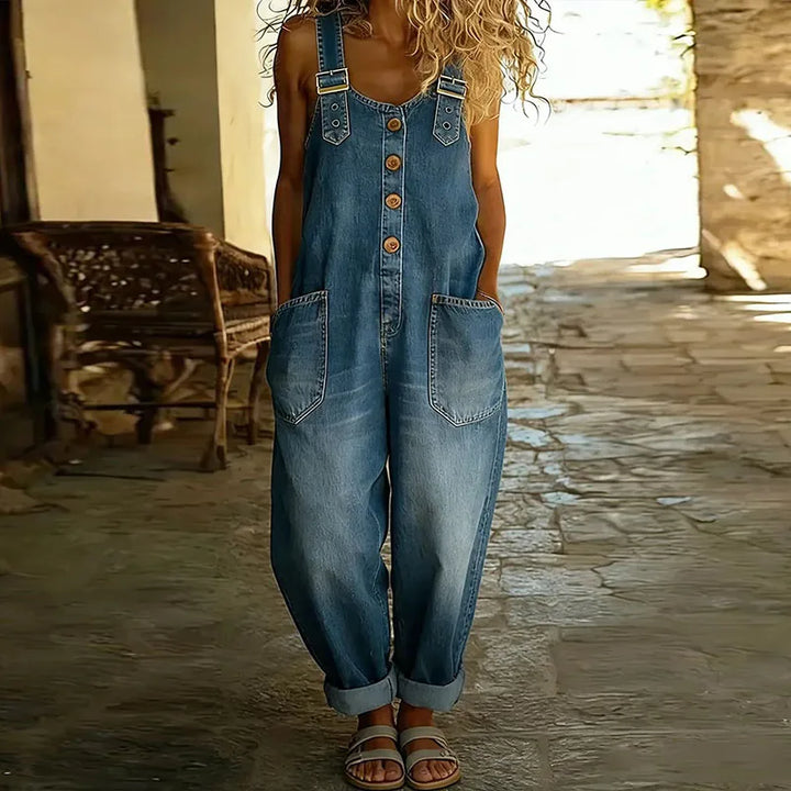Mae | Salopette en denim de coton effet vintage à bretelles réglables