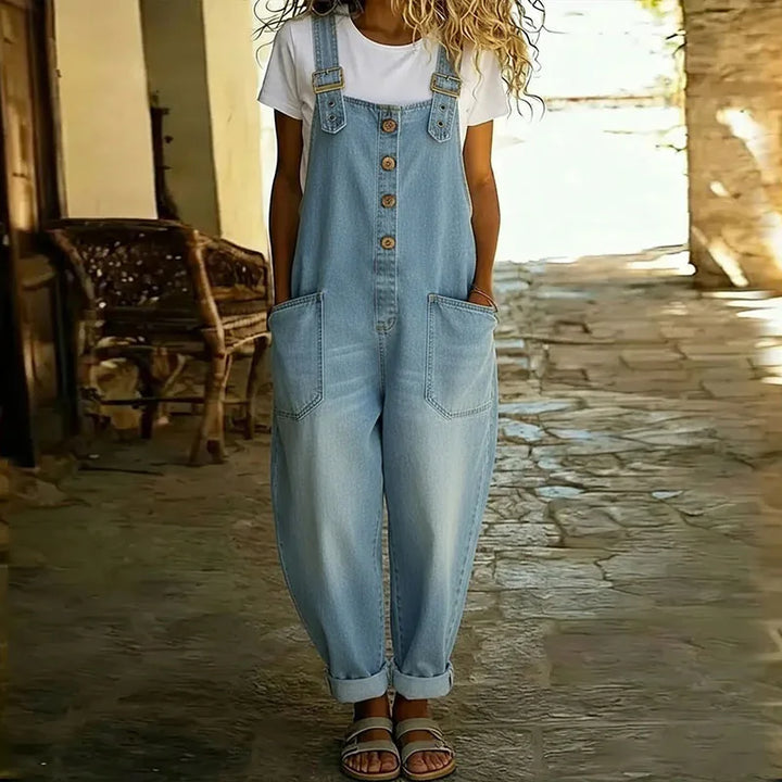 Mae | Salopette en denim de coton effet vintage à bretelles réglables