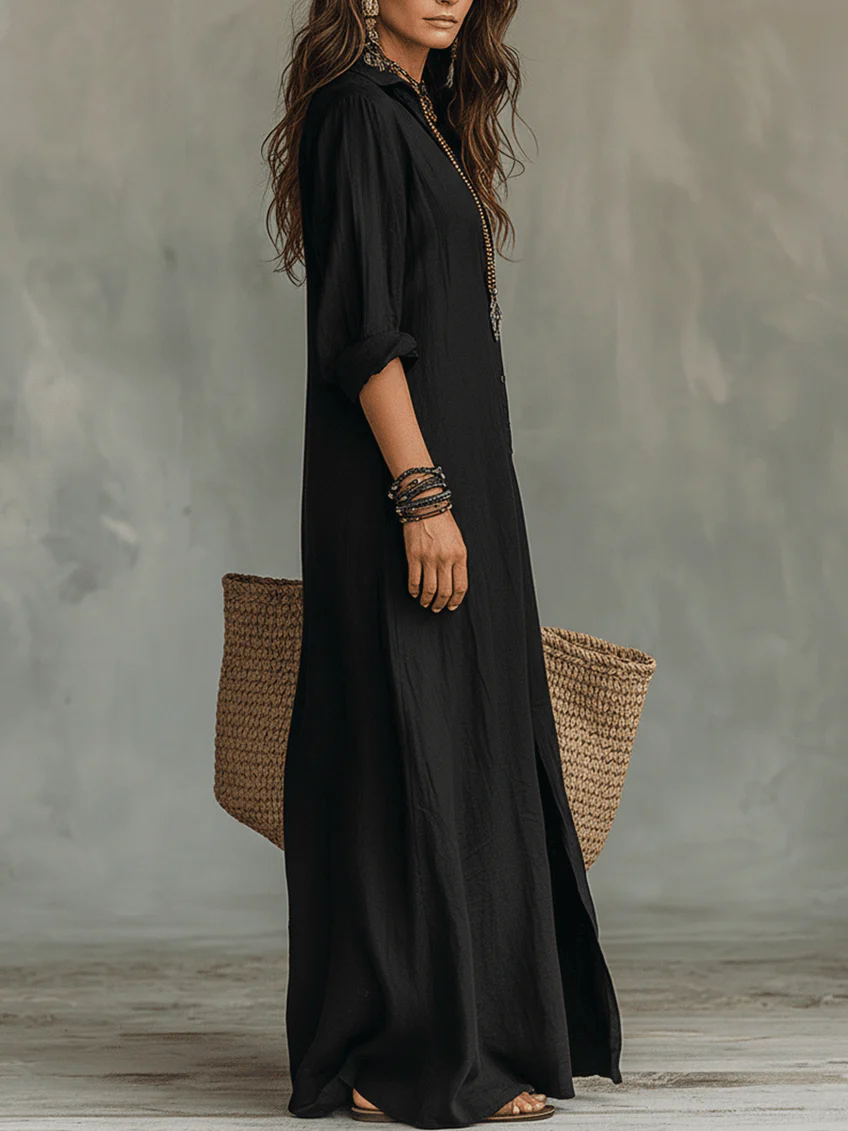Soline | Robe Longue Noire Boutonnée