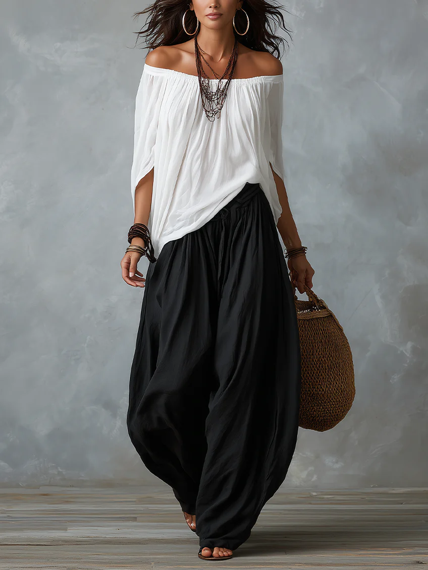 Ensemble blanc avec haut épaules dénudées et pantalon style lanterne