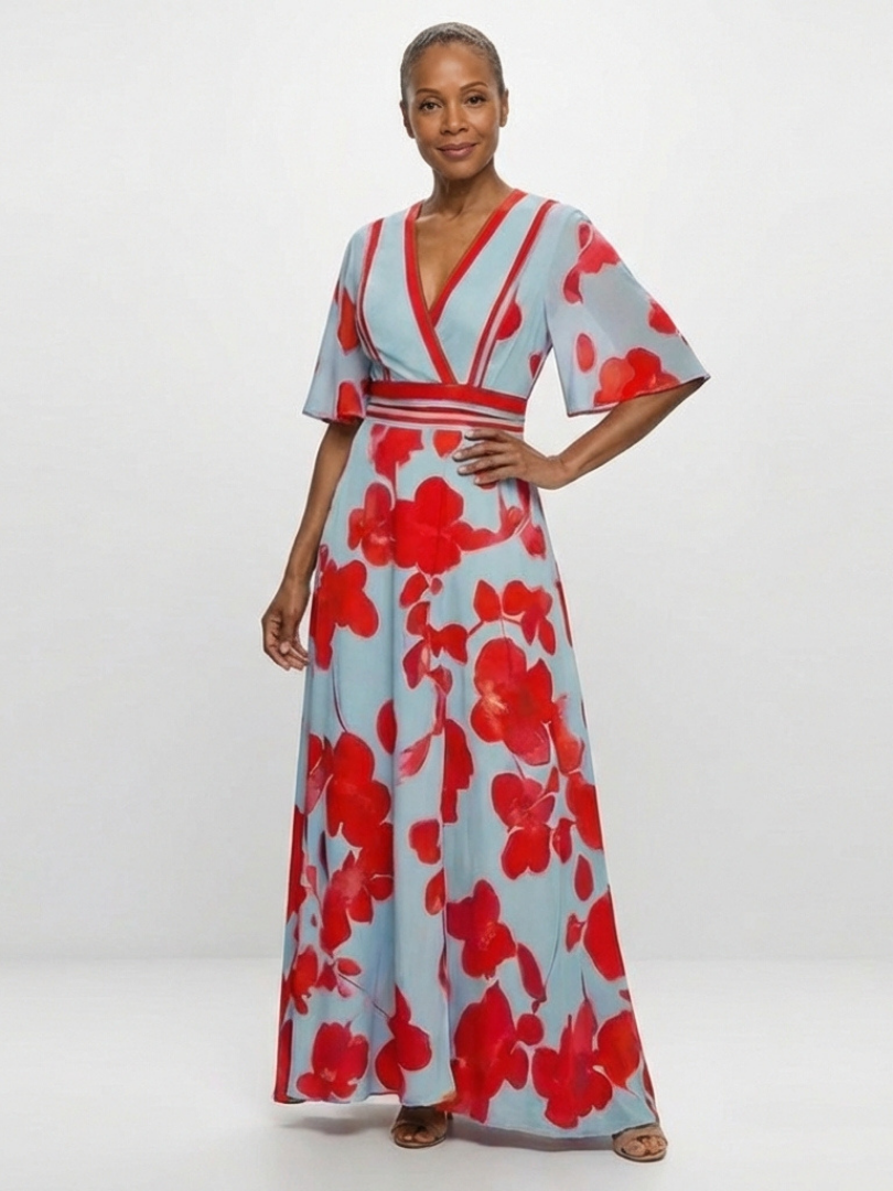 Emma | Robe longue fleurie à col V et manches courtes