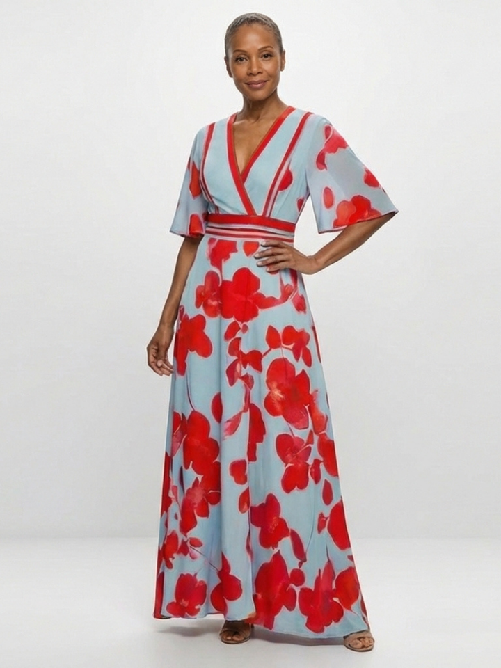 Emma | Robe longue fleurie à col V et manches courtes