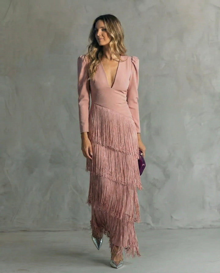 Clara | Robe midi élégante à manches frangées