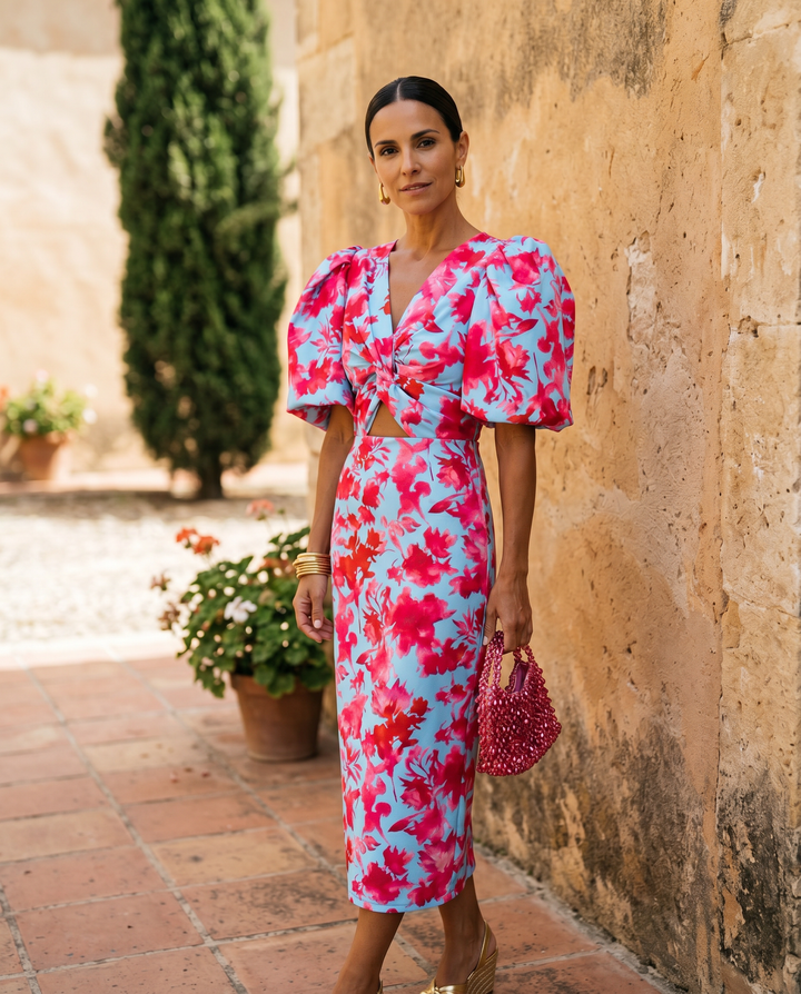 Caroline™ | Robe Midi Fleurie à Manches Bouffantes
