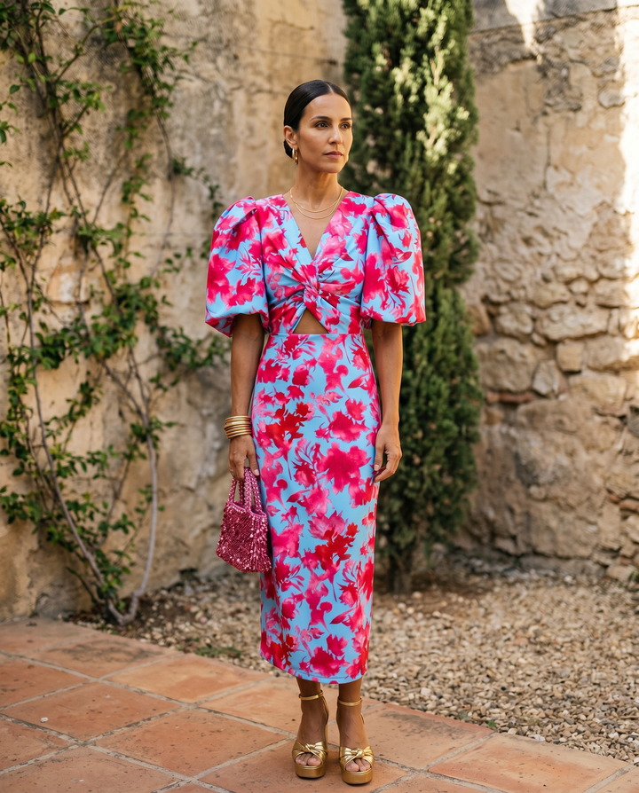 Caroline™ | Robe Midi Fleurie à Manches Bouffantes