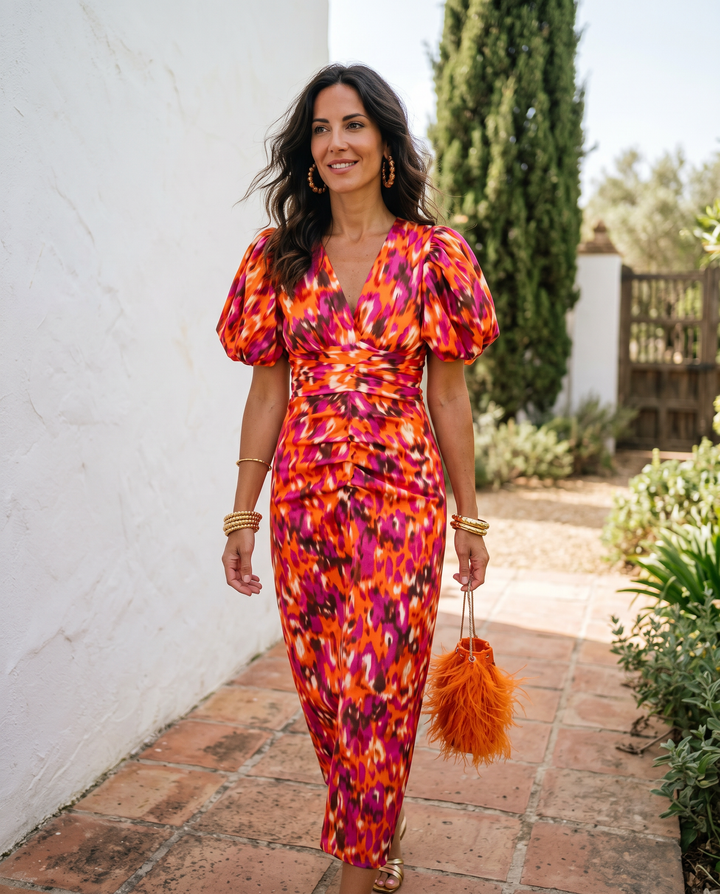 Caroline™ | Robe Midi Fleurie à Manches Bouffantes