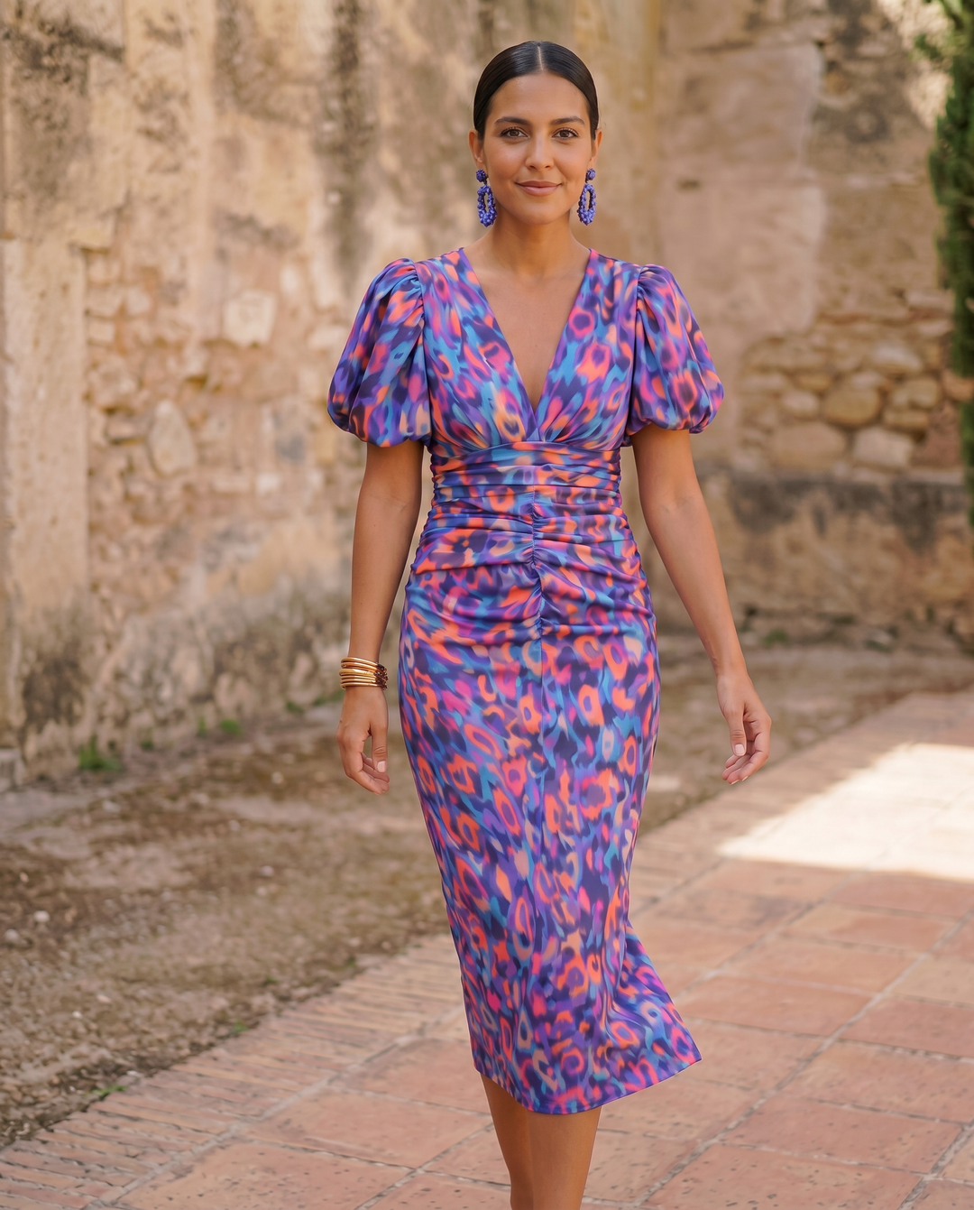 Caroline™ | Robe Midi Fleurie à Manches Bouffantes