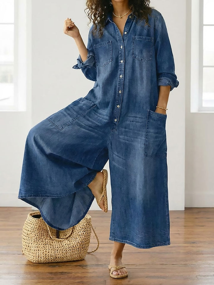 Diana | Combinaison boutonnée en denim délavé effet vintage en coton doux