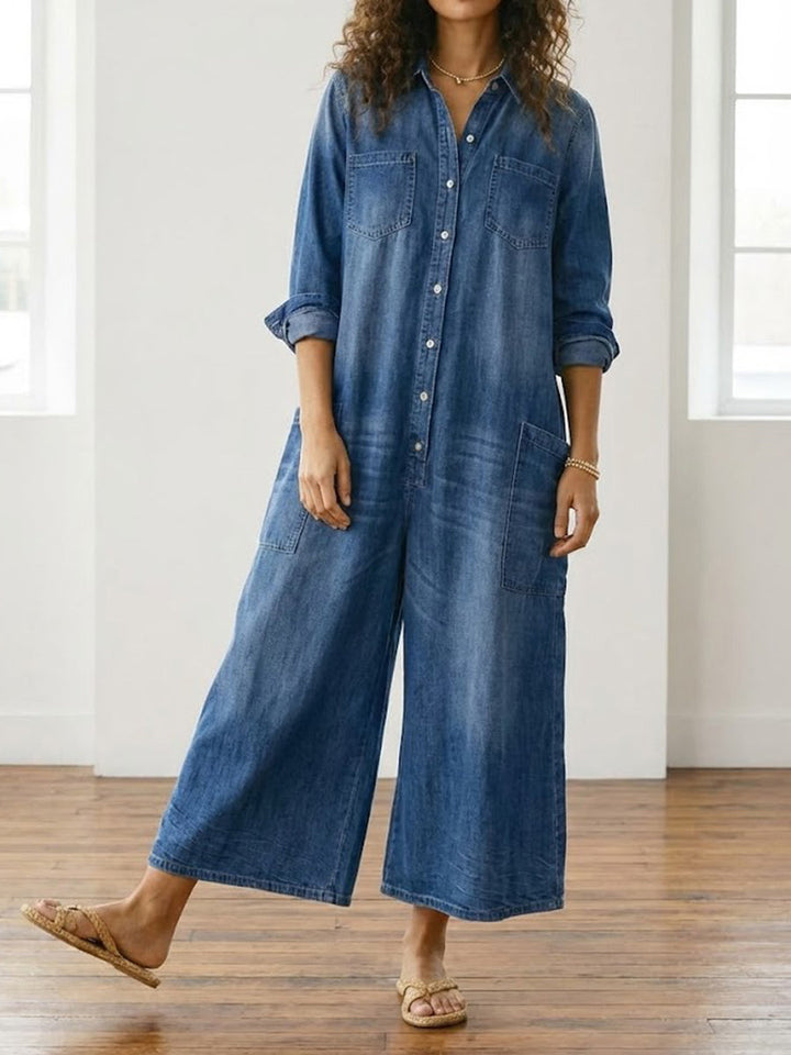 Diana | Combinaison boutonnée en denim délavé effet vintage en coton doux