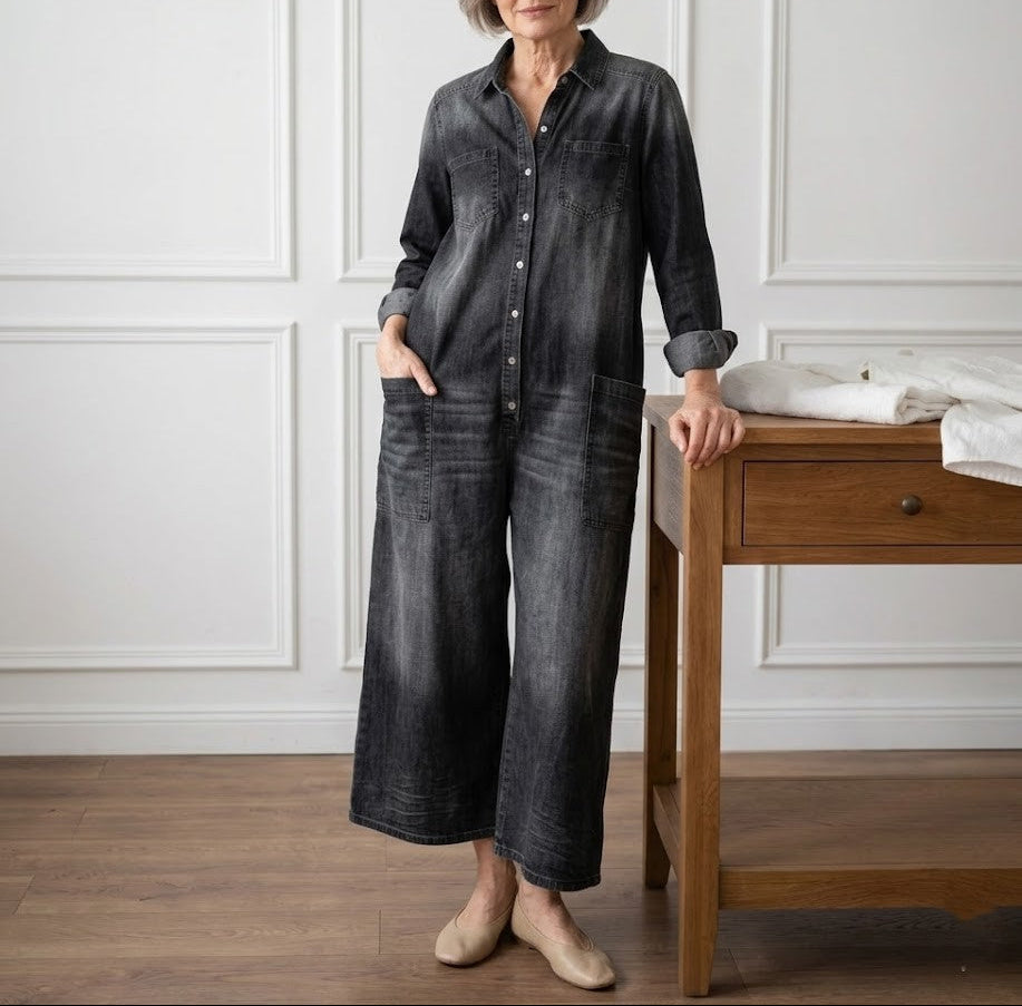 Diana | Combinaison boutonnée en denim délavé effet vintage en coton doux