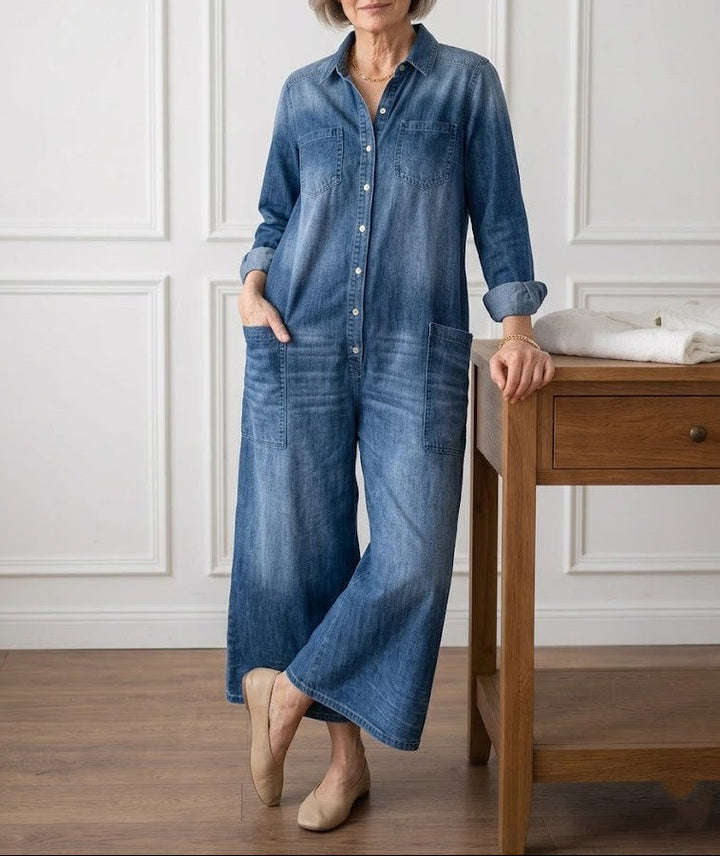 Diana | Combinaison boutonnée en denim délavé effet vintage en coton doux